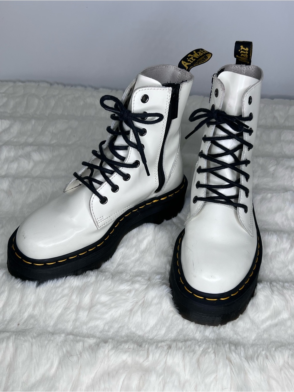 Dr. Martens White Leather Platform Lace-Up Boots with Yellow Stitching